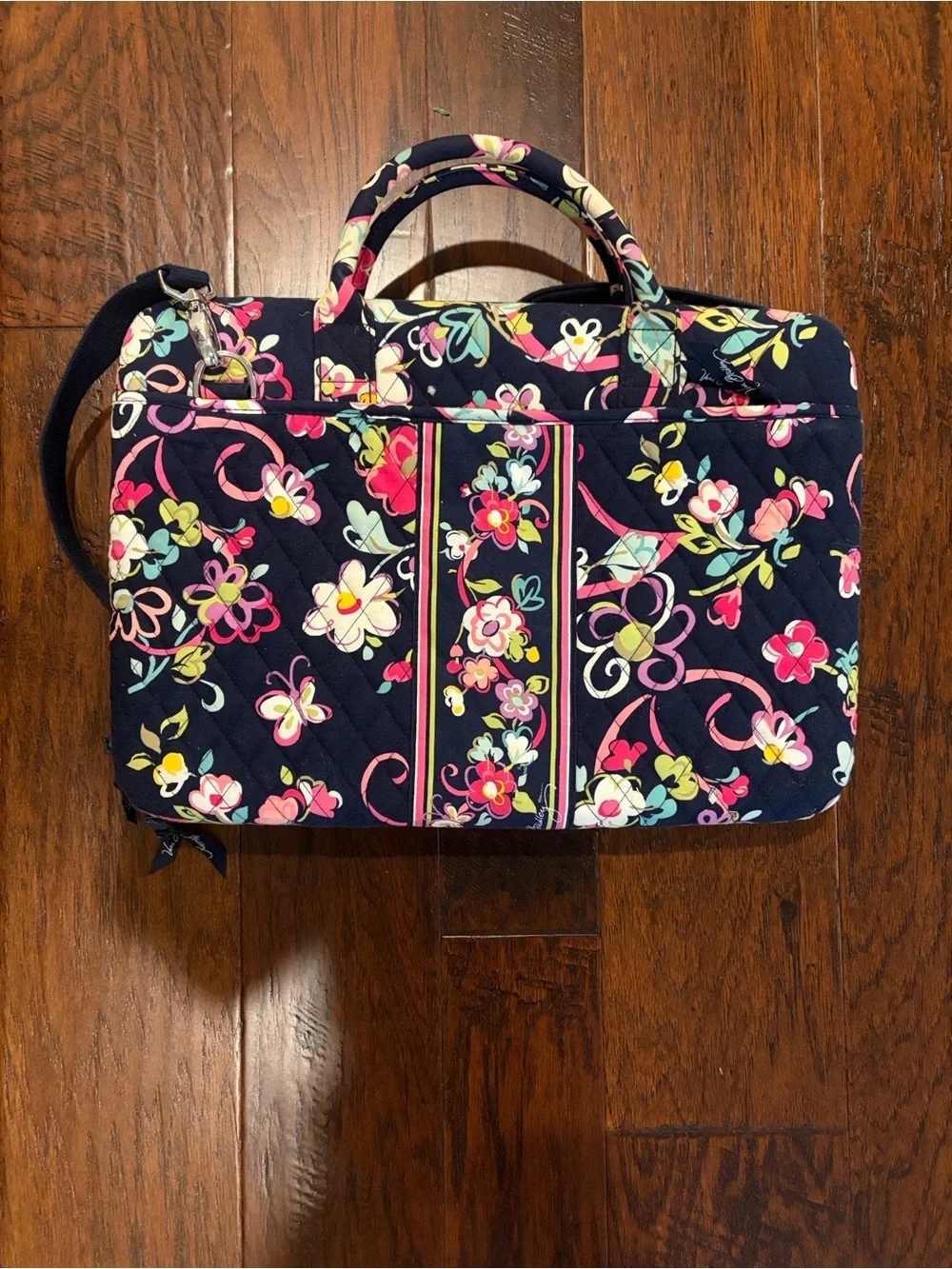 Vera Bradley Navy Floral Laptop Bag with Pink, Yellow & Green Accents